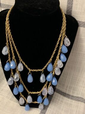 Gold Multi-Strand Necklace with Blue & White Teardrop Beads